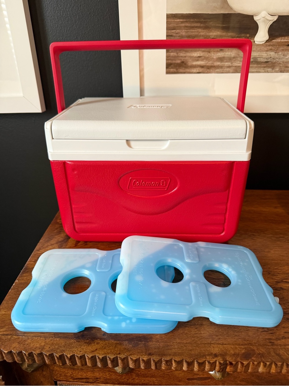 Coleman Red and White Persoanl Portable Cooler with 2 Blue Ice Packs